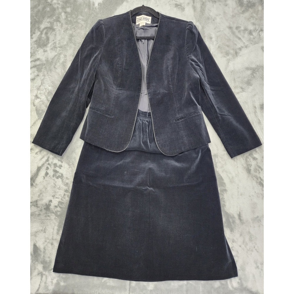 Vintage Skirt Suit Womens S Black Velvet Collarless‎ Open Front Blazer Formal